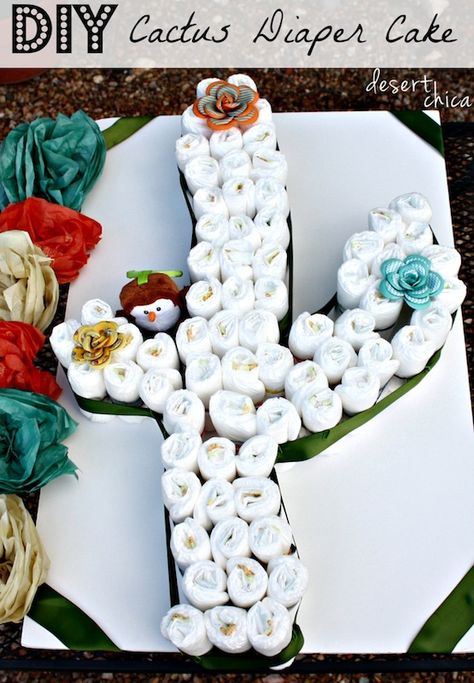 Need a unique diaper cake idea? Check out this how to make a Cactus Diaper Cake Tutorial Make A Cactus, Diaper Cake Tutorial, Mexican Theme Baby Shower, Baby Shower Ideas For Girls Themes, Unique Diaper Cakes, Mexican Baby Shower, Mexican Babies, Cowboy Baby Shower, Baby Shower Diaper Cake