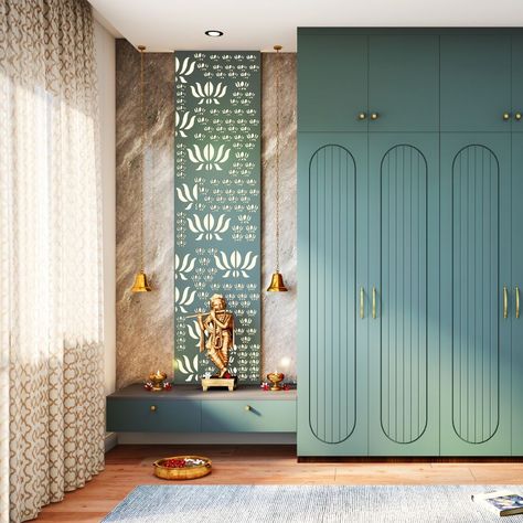 Lotus Motif Background Contemporary Pooja unit Design in Mare Cinereo Tone | Livspace Temple With Storage, Wardrobe With Pooja Unit, 2 Feet Pooja Unit, Pooja Unit Designs In Living Room, Pooja Area Design, Pooja Unit In Living Room, Temple Unit, Vishal Prajapati, Pooja Unit Designs