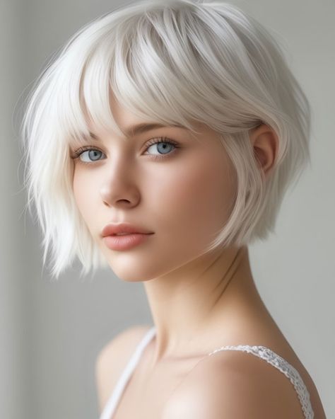 Platinum Blonde French Bob with Choppy Bangs Platinum Long Pixie, French Bob Haircut Grey Hair, French Bob Hairstyles With Bangs, Short Platinum Hair With Bangs, Edgy French Bob, French Bob With Bangs Blonde, Platinum Blonde Bob With Bangs, French Bob Blonde, Bob With Choppy Bangs