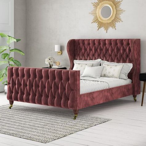 Bolsover Upholstered Bed Frame Fairmont Park Size: Kingsize, Upholstery Material: Crushed Velvet, Upholstery Colour: Truffle Red Headboard, Denim Upholstery, Fabric Upholstered Bed, Velvet Bed Frame, Upholstered Sleigh Bed, Fabric Bed Frame, Handmade Bed, Velvet Bed, Wooden Bed Frames