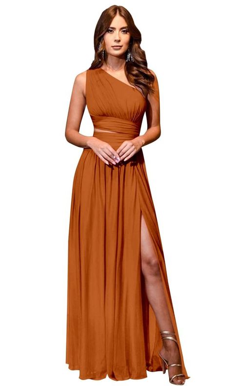 Bridesmaid Boho Dress, Long Dress Wedding Bridesmaid, Simple One Shoulder Dress, One Shoulder Chiffon Dress, Dusty Orange Bridesmaid Dresses, Orange Dresses Formal, One Shoulder Dress Bridesmaid, Bridesmaid Dresses Curvy, Bridesmaid Gown Elegant