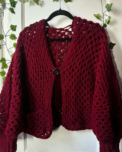 One button, one pocket hexagon cardi with thumb holes🍷 • • • • #crochet #crochetersofinstagram #smallbusinessowner #cardigan #sweaterweather #fallfashion #burgundy Red Crochet Cardigan, Dark Academia Crochet, Crochet Chunky Cardigan, Hexagon Crochet Cardigan, Hexagon Cardigan, Witchy Crochet Cardigan, Crochet Red And Black Sweater, Maroon Crochet, Casual Red Crochet Cardigan