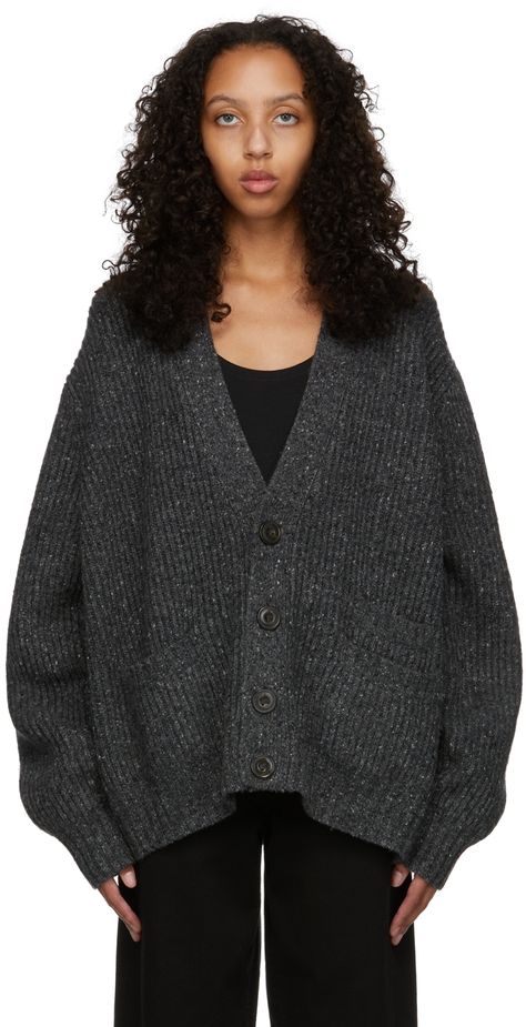 Long sleeve rib knit merino wool-blend cardigan in grey. · Button closure · Patch pockets at waist · Tonal hardware Supplier color: Dark grey melange Edgy Cardigan Outfits, Grey Cardigan Outfit Aesthetic, Grey Cardigan Outfit Casual, Dark Grey Cardigan Outfit, Gray Cardigan Outfit, Grey Outfit Ideas, Grey Cardigan Outfit, Oversized Cardigan Outfit, Outfits With Grey Cardigan