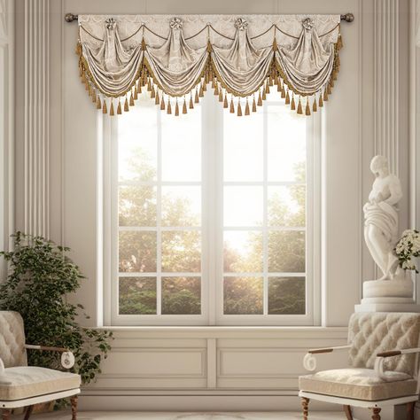 PRICES MAY VARY. LUXURY WATERFALL VALANCE - Loom and Mill Elegant and Opulent Jacquard Waterfall Valance feature a timeless beige European pattern on a sand-colored base, creating a luxurious and delicate aesthetic. Graceful lace and flexible tassels enhance the drape of the valance. Add the right touch of opulence to any window. THOUGHTFULLY SIZED - The single valance width is 79", the swag is approximately 25" long, and the cascade is 42" long. The swag curtain has a 3-inch rod pocket that fit Living Room Valances, Valances For Windows, Kitchen Curtains And Valances, Valances For Living Room, Waterfall Valance, Bathroom Window Treatments, Swag Curtains, Long Living Room, Banquet Decorations