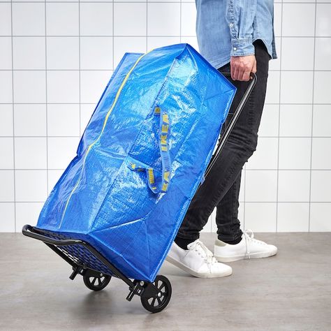 RULLEBÖR / FRAKTA Hand cart with storage bag, black/blue - IKEA Ikea Bag, Hand Cart, Home Organisation, Doing Laundry, Recycled Items, Plastic Plates, Wire Mesh, Synthetic Rubber, Folded Up