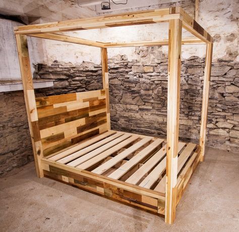 Wood Mosaic Tile, Pallet Bed Frame, 4 Poster Beds, Diy Pallet Bed, Pallet Bed, Four Poster Bed, Bed Headboard, Queen Bed Frame, Bed Canopy