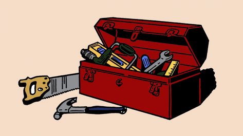 Drawing of a toolbox and tools Tool Box Tattoo, Tool Box Illustration, Toolbox Tattoo, Toolbox Drawing, Toolbox Aesthetic, Tool Box Drawing, Toolbox Illustration, Toolbox With Tools, Bench Drawing