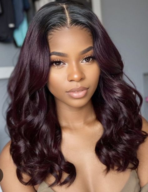 Fall Plum Hair, Plum Hair Olive Skin, Dark Burgundy Purple Hair, Dark Violet Hair Burgundy, Burgundy Hair On Brown Skin, Dark Burgundy Hair Black Women, Wine Purple Hair, Chocolate Burgundy Hair, Warm Purple Hair