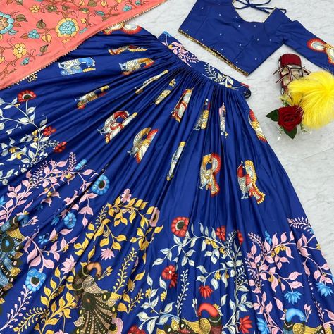 Kalamkari Print Lehenga Choli Choli Fabric:- Chent Crep Work:- Kalamkari Print Inner:- Micro Cotton Size:- M upto L margin XL upto 2xl margin (Fully Stitched) Lehenga Fabric:- Chent Crep Work:- Kalamkari Print Inner:- Micro Cotton Flair:- 3 Meter Canvas:- Yes Size:- 44 Dupatta Fabric:- Chent Crep Size:- 2.30 Meter Work:- Kalamkari Print Price: 1350/- Free shipping Code: SRRPF51 #lehengacholi #tussarsilklehenga #florallehenga #indianweddingdress #floralprint #traditionawear... Print Lehenga, Kalamkari Print, Lehenga Fabric, Floral Lehenga, Stitched Lehenga, Indian Wedding Dress, Lehenga Choli, Lehenga, Size 2