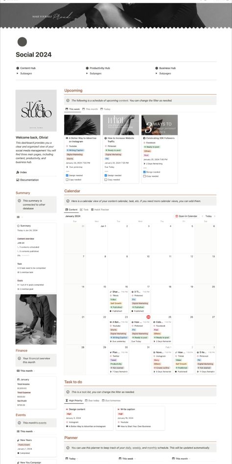 Notion Template Social Media Planner Content Creator plannerlovers #plannerminimalista. Notion 2023, Social Media Planning Template, Notion Organization, Editorial Calendar Template, School Planner Template, Brand Proposal, Planner Content, Study Core, Notion Inspo