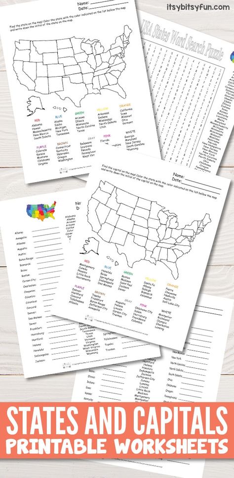 State Capitals Quiz, States And Capitals, Teaching Geography, Homeschool Worksheets, Homeschool Geography, Homeschool Social Studies, Kids Worksheets Printables, State Capitals, Homeschool History