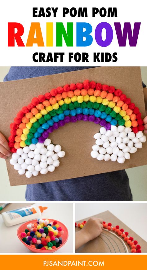 Crafts Using Pom Poms, Pom Pom Rainbow Craft, Pom Pom Preschool Activities, Pom Pom Activity For Preschool, Pom Pom Learning Activities, Pom Pom Toddler Activities, Pompom Rainbow, Pom Pom Activities, Rainbow Crafts For Kids