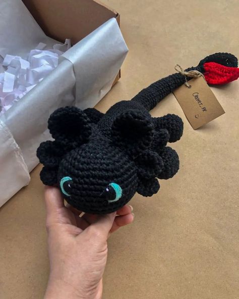 Black Toothless (from "how to train your dragon") Get your customized crochet toys from us. . . . Inbox us to place your orders <3 . . #crochet #handmade #crochetersofinstagram #crochetaddict #crochetlove #crocheting #knitting #yarn #instacrochet #handmadewithlove #croche #crochetinspiration #diy #crochetlover #yarnaddict #knittersofinstagram #love #crocheted How To Train Your Dragon Crochet, Toothless Crochet Pattern Free, Toothless Amigurumi, Toothless Pattern, Crochet Toothless, Toothless Dragon, Crochet Eyes, Beginner Crochet Tutorial, Train Your Dragon