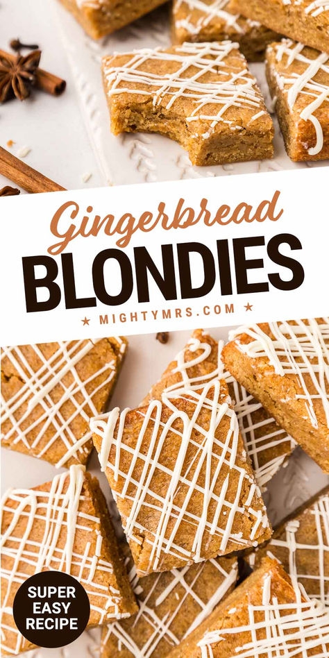 Gingerbread Blondies Christmas Desserts Gingerbread, Gingerbread Blondies Recipe, Christmas Cookie Bars Easy, Christmas Blondie Bars, Easy Christmas Bars Recipes, Holiday Brownies Christmas, Christmas Cookie Bars Recipes, Christmas Bar Recipes, Christmas Dessert Bars