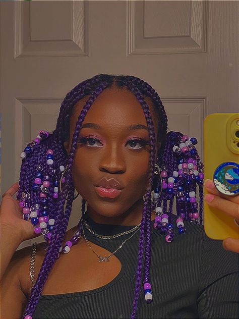 Black Braids Hairstyles With Beads, Galaxy Braids For Black Women, Protective Hairstyles Color, Purple Knotless Braids With Beads, Purple Peekaboo Braids With Beads, Short Braids With Color, Purple Box Braids With Beads, Black And Purple Braids With Beads, Colored Box Braids With Beads