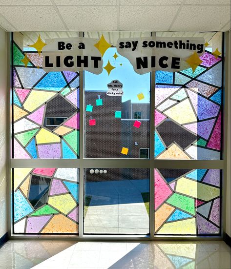 Perfect spot to spread some positivity to everyone and not just in my classroom. Super easy to do! #school #highschool #windowart #stainedglass #diy #positivity #students #motivation #benice #schooldecor #classroomdecor #CKH Easy Classroom Decor High Schools, High School Hallway Decorations, High School Decorations Classroom, Highschool English Classroom Decor, Diy Classroom Decorations High School, Class Decoration Ideas Highschool, Highschool Classroom Decor, School Hallway Decorations, High School Decor