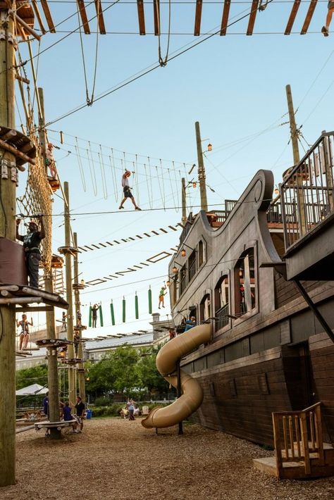 Voiles en Voiles at the Old Port in Montreal has a rad playground and an aerial ropes course on a pirate ship. Hillside Playground, Castle Playground, Visit Montreal, Mount Royal, Ropes Course, Visit Canada, Parc D'attraction, Playground Design, Old Port