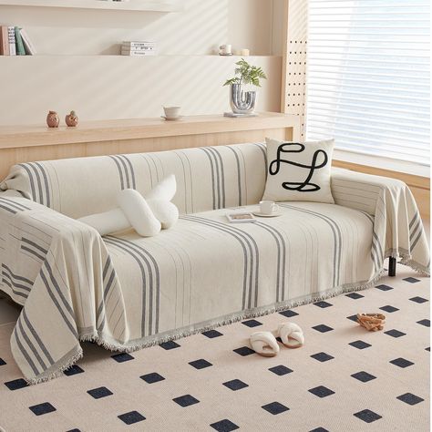 Canvas Sofa Covers, Couch With One Long Cushion, Mismatched Sofas Living Rooms Cozy, T Cushion Sofa Slipcover, Pillow Top Couch, Two Color Couches In Living Room, Day Bed Cover Ideas, Blanket On Back Of Couch, Beach House Couch