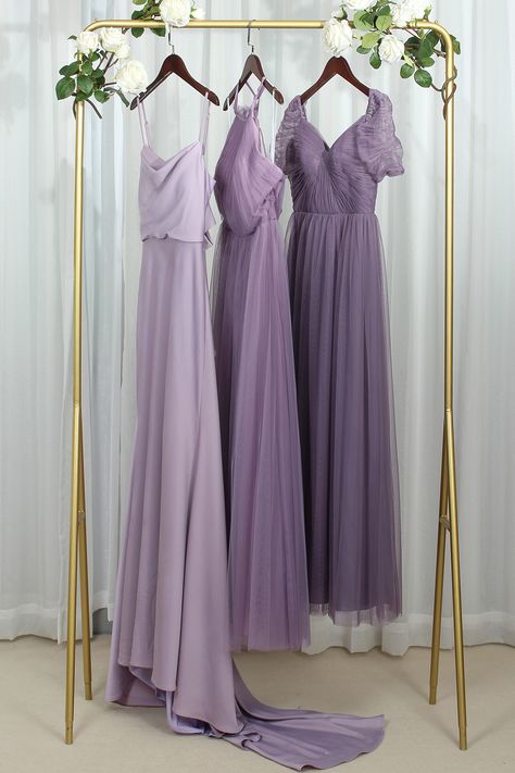 If you're looking for a showstopping look for your bridesmaid's dresses on a budget, look no further than beautiful purple embroidery bridesmaid dresses! These gorgeous dresses come with intricate embroidery details and are available in a variety of colors and styles. Whether you're looking for full-length gowns or shorter cocktail-style dresses, you can find the perfect dress for each of your bridesmaids without breaking the bank! Shades Of Purple Bridesmaid Dresses, Trending Bridesmaid Dresses, Dusty Purple Bridesmaid Dresses, Bridesmaid Dresses Purple, Purple Princess Dress, Ombre Bridesmaid Dresses, Bridesmaid Separates, Wedding Theme Color Schemes, Lavender Bridesmaid