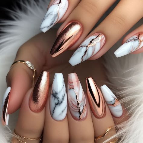 Nail Ideas Foil, Black And Rose Gold Nails Design Classy, New Orleans Nail Ideas, Fancy Nails Designs Latest Fashion, Marbled Nail Designs, Marble Fall Nails, Marble Nails Design, Acrylic Nails Simple, Green Nails Ideas