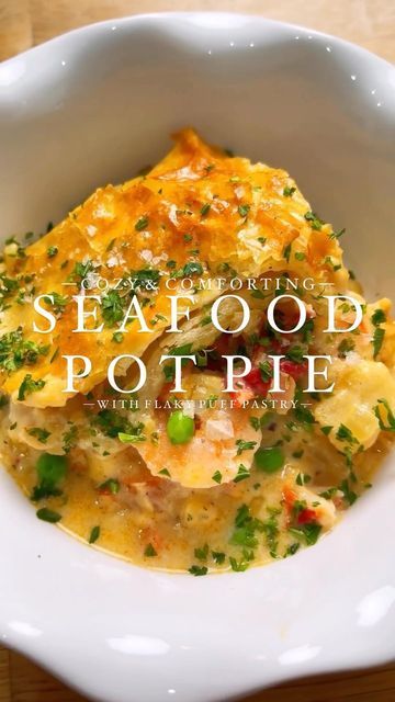 Lobster Bisque With Puff Pastry, Seafood Potpie Recipe, Seafood Hand Pies, Seafood Puff Pastry Recipes, Seafood Pot Pie Puff Pastry, Unique Seafood Recipes, Shrimp Puff Pastry Recipes, Seafood Breakfast Recipes, Seafood Potpie