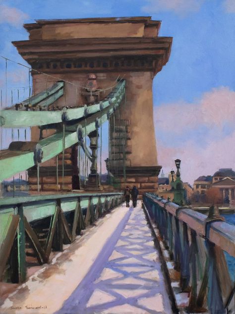 Jonelle Summerfield, Chain Bridge of Budapest, 2018 Budapest Painting, Bridge Wall Art, Bridge Painting, Bridge Art, Interior Paintings, Venice Canals, Paper Collage Art, Painting Inspo, Country Art