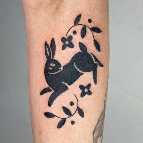 Folk Art Cat Tattoo, Simple Rabbit Tattoo, Legs Tats, Cat Traditional Tattoo, American Traditional Cat Tattoo, Tuxedo Cat Tattoo, Black Cat Tattoo, Simple Tats, Stick Poke Tattoo