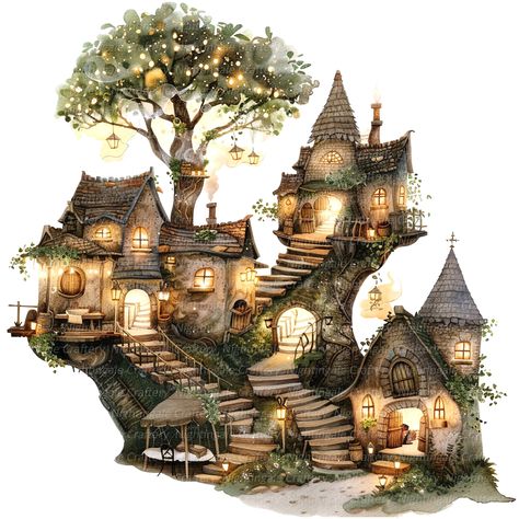 12 Whimsical Fairy Village Clipart, Fairy House, Printable Watercolor Clipart, High Quality Jpgs, Digital Download, Paper Craft, Scrapbook - Etsy Bunker Home, House Printable, Fairy Village, Whimsical Fairy, Fairy Doors, Project Nursery, Art Clipart, Fairy House, Watercolor Clipart