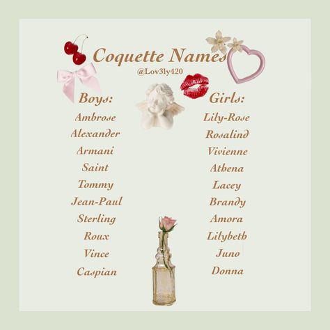 Names As Aesthetics, Aphrodite Inspired Names, Names I Adore Coquette, Coquette Names Girl, Cute Names Aesthetic, Coquette Dog Names, Coquette Names Aesthetic, Coquette Baby Names, Cute Email Names