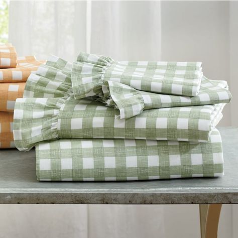 Ruffle Gingham Cotton Sheet Set | Seventh Avenue Green Gingham Bedding, Gingham Bedding, Gingham Sheets, Country Door, Thermal Curtains, Outdoor Curtains, Gift Inspiration, Big Girl Rooms, Cotton Sheet Sets