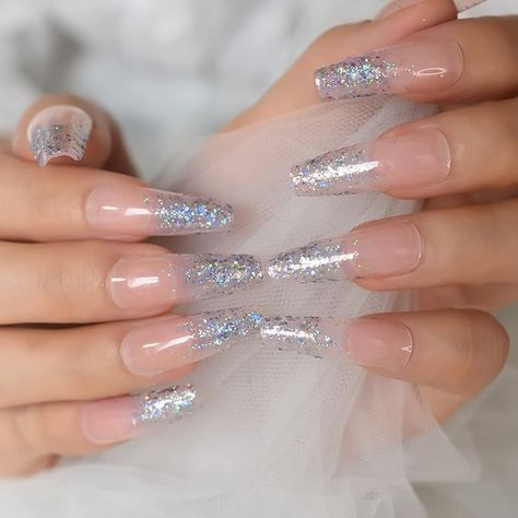 Manicure Glue, Nail Length, Bling Nails, False Nail, Uv Gel, Nails Art, False Nails, Glue On Nails, Silver Glitter