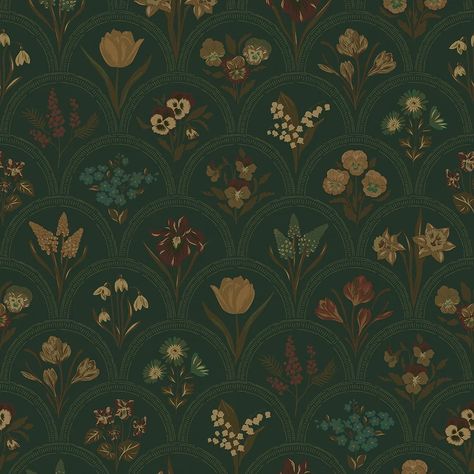 Flowers for Victoria Wallpaper in Rural Tones on Pine Green – Lucie Annabel Green Floral Bathroom Wallpaper, Green Moody Wallpaper, Earthy Peel And Stick Wallpaper, Bathroom Green Wallpaper, Green Wallpaper House, Tavern Wallpaper, Moody Bedroom Wallpaper, Green Print Wallpaper, Royal Green Wallpaper