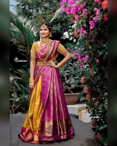 Haldi Half Saree For Bride, Cancan Saree Drape Bride, Engagement Half Saree Bridal Lehenga, Cancan Saree Drape, Cancan Saree, Lehenga Style Saree, Lehenga Saree Design, Saree Wearing Styles, Bridal Sarees South Indian