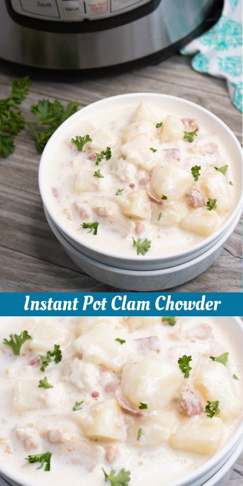 A handful of ingredients and just 20 minutes total is all that stands between you and a delicious bowl of homemade clam chowder. This Instant Pot clam chowder is rich and comforting and loaded with all the classic flavors. It’s hearty and filling enough to be dinner on even the coldest winter night. #clamchowder #clamchowderrecipe #chowderrecipe #clamrecipe Pressure Cooker Clam Chowder, Insta Pot Clam Chowder, Instapot Clam Chowder Recipe, Clam Chowder Instant Pot, Instant Pot Clam Chowder, Homemade Clam Chowder, Chowder Soup, Clam Recipes, Instant Pot Soup