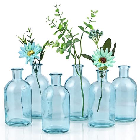 Modern Floral Centerpieces, Centerpiece Home, Home Decor Blue, Flower Bottle, Blue Glass Bottles, Glass Bud Vase, Flowers In Jars, Glass Bottles Decoration, Glass Flower Vases