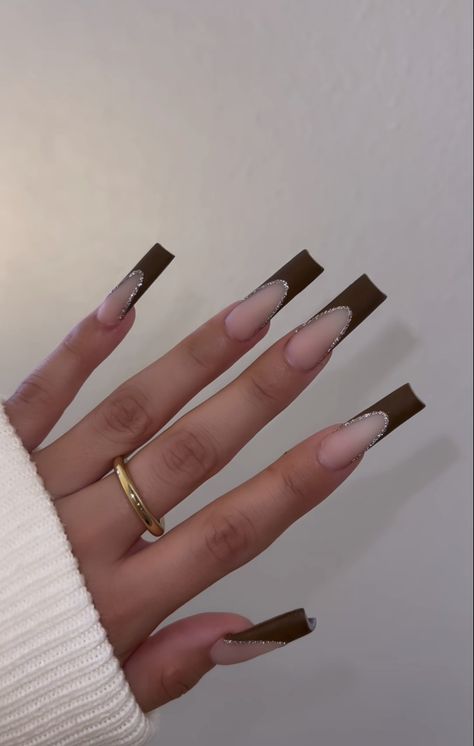 Neutral Brown Nails Acrylic Coffin Long, Brown Acrylic Nails With Initial, Brown French Tip Nails Square Long, Nail Inspo Long Square Brown, White And Brown French Tip Nails, Brown Full Set Nails, Brown French Tip Matte, Graduation Nails Brown, Long Brown Acrylic Nails With Rhinestones