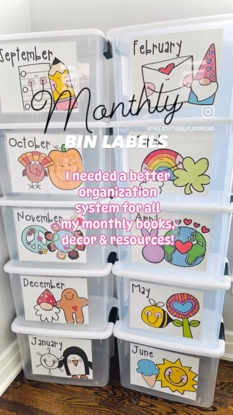 Instagram Monthly Bins Classroom, Classroom Closet Organization, Preschool Classroom Organization, Preschool Organization, Bin Labels, Editable Labels, Sped Teacher, Game Change, Organizing Systems