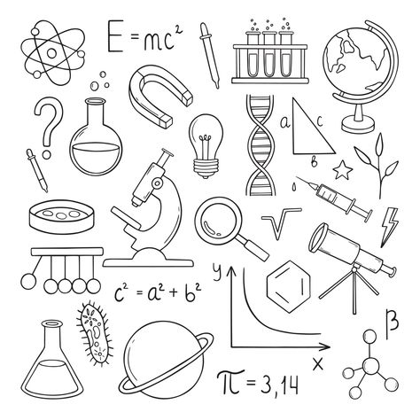 Science Doodles Physics, Science World Drawing, Scientific Drawing Chemistry, Science Vector Illustration, Sciencetist Drawing, Physic Drawings, Physics Related Drawings, Cute Physics Doodles, Laboratory Doodle