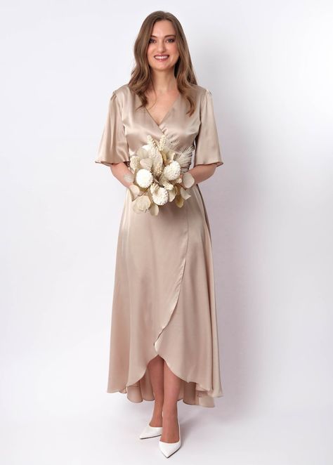 Champagne Beige Silk Dress, Silk Dress, Wrap Dress, Bridesmaid Dress, Wedding Guest Dress, Women Dress, Evening Dress, Long Dress - Etsy Canada Beige Dress Outfit Wedding Guest, Model Baju Bridesmaid, Beige Silk Dress, Long Gown For Wedding, Silk Bridesmaid Dresses, Wrap Dress Bridesmaid, Bride Dress Simple, Evening Dress Long, Beige Wedding