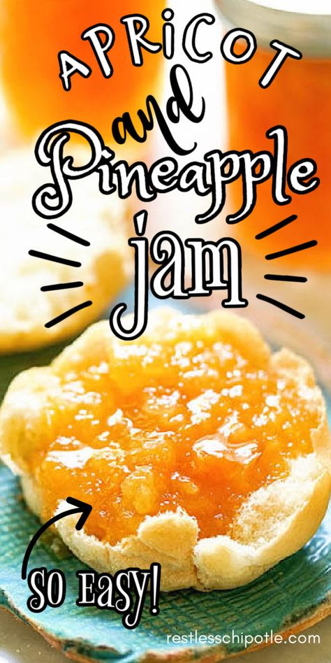 Old fashioned, homemade, apricot pineapple jam recipe is sweet and mellow with bright fruit flavors. Made with low sugar pectin! #withpectin #fresh #recipe #apricot #pineapple #easy #homemade #restlesschipotle Apricot Pineapple Jam Recipe, Apricot Pineapple Jam, Pineapple Jam Recipe, Sweet Spreads, Apricot Jam Recipes, Jam Making, Homemade Jams, Apricot Recipes, Pineapple Jam