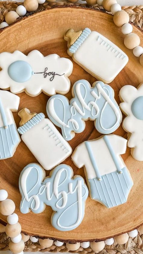 Baby Boy Cookies, Baby Boy Sprinkle, Baby Shower Treats, Baby Shower Theme Decorations, White Baby Showers, Shower Desserts, Baby Boy Cakes, Sprinkle Baby Shower, Baby Shower Desserts