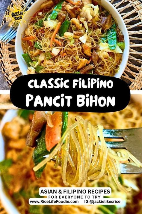 This authentic, classic Filipino pancit recipe exemplifies Philippines recipes with the kind of pancit recipe my mom used to make!  The meat is super tender and the vegetables are colorful. This is the best pancit noodle recipe that makes for easy dinner ideas and party food ideas.  You can't go to any Filipino party without seeing pancit invited. I make this for my kids, and they love it too!  Follow my step by step instructions so the meat is VERY tender and not dry and the pancit is perfectly cooked! Filipino Recipes Pancit, Philippine Pancit Recipe, Pancit Recipe Filipino Dishes, Pancit Recipe Filipino Easy Chicken, Filipino Noodles Pancit Recipe, Pansit Recipe Filipino Dishes, Philippines Noodles, Pork Pancit Recipe Filipino, Filipino Healthy Food