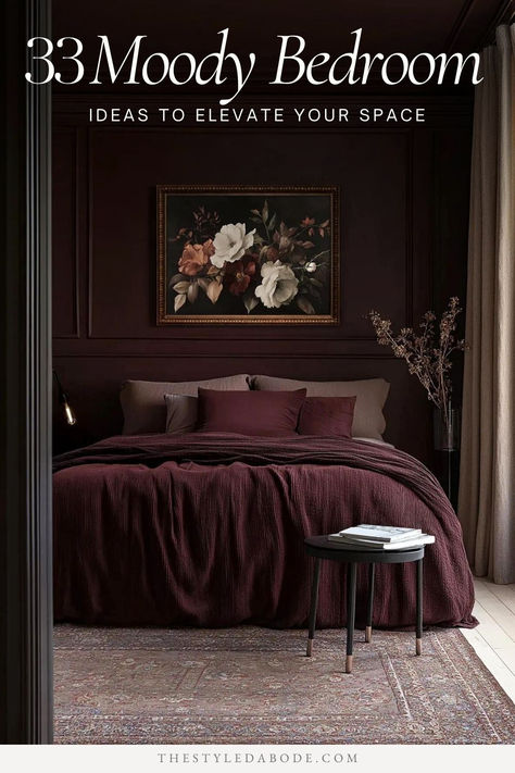 a romantic moody burgundy bedroom Dark Moody Guest Bedroom, Red Moody Bedroom, Dark Purple Bedding Aesthetic, Dusty Mauve Bedroom, Deep Purple Bedroom Ideas, Dark Moody Bedroom Color Palettes, Cosy Dark Bedroom, Moody French Bedroom, Color Drenching Bedroom Moody