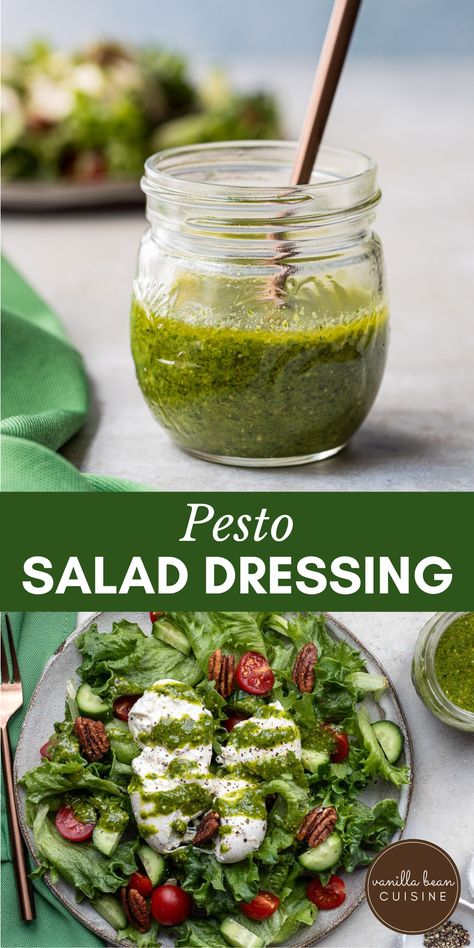 Make your summer salads come alive with this Pesto Salad Dressing. Only 3 ingredients! Basil Pesto Salad Dressing, Pesto Dressing Salad, Salad With Pesto Dressing, Pesto Salad Dressing, Basil Salad Dressing, Dressings Recipes, Pesto Salad, Pesto Dressing, Cabin Inspiration