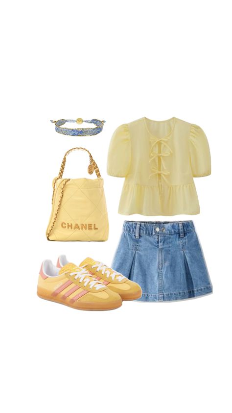 Yellow summer style, trendy summer outfit ideas 2024, yellow summer blouse, trendy blouse, denim skirt 2024, yellow Chanel bag , yellow adidas samba, samba 2024, summer shoes, summer trendy sneakers Yellow Chanel Bag, Yellow Bag Outfit, Yellow Skirt Outfits, Outfit Ideas 2024, Outfits Sommer, Yellow Adidas, Trendy Blouse, Summer Outfit Ideas, Summer Blouse