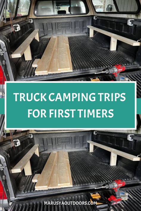 Pickup truck bed equipped with wooden sleeping platform and text overlay "Truck Camping Trips for First Timers" at marusyoutdoors.com Truck Camping Hacks, Truck Tent Camping Ideas, Truck Camping Ideas, Truck Camping Setup, Truck Canopy Camping, Truck Tent Camping, Truck Bed Tent, Truck Canopy, Camping Safety