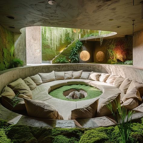 The Moss Meadow Conversation Pit is a serene, cozy space inspired by the tranquility of a lush meadow. Featuring moss-green upholstery, natural wood accents, and earthy tones, it offers a comfortable and immersive retreat for intimate conversations and relaxation. Conceptual AI Art Follow @ecosapiens for more! Green Conversation Pit, Conversation Pit Bed, Outside Conversation Pit, Earthy Home Interior, Eco Living Room, Conversation Pit Outdoor, Evil Fortress, Outdoor Conversation Pit, Tranquil Spaces