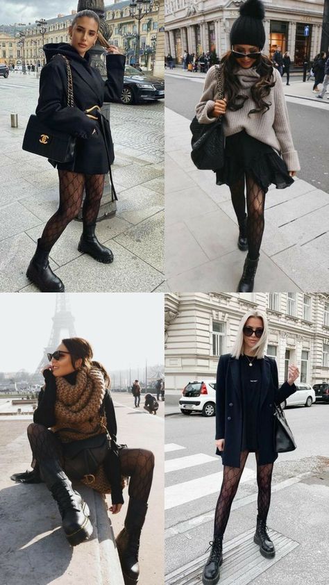 How To Wear Gucci Tights, Outfits With Gucci Tights, Black Boots With Tights, Fall Outfits With Black Tights, Fashion Tights Outfits, Tights With Boots Outfit, Medias Gucci Outfit, Gucci Leggings Outfit, Black Dress Tights Outfit