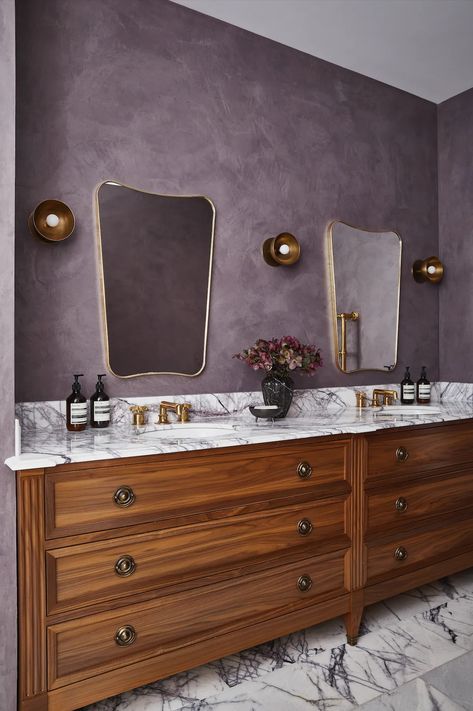 14 Lavender Color Decorating Ideas to Add a Royal Touch to Any Room | Architectural Digest Small Powder Bath, Photography Room Ideas, Powder Bath Remodel, Half Bath Design, Small Bathroom Paint Colors, Colorful Bathrooms, Best Bathroom Colors, Small Bathroom Paint, Marble Effect Wallpaper