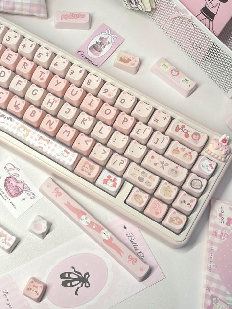 Material: PBT Number of keys: 144 keys Process: Dye Sublimation Profile: MAO profile If you have any question about this set of keycap, please feel free to contact me. Package Content: 1set*Keycap (Not the keyboard) Cute Keyboards, Fancy Keyboard, Cute Keyboard, Cute Keycaps, Custom Keycaps, Cute Desk Accessories, Cream Cat, Aesthetic Bedroom Ideas, Kawaii Things